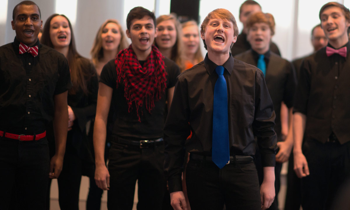 Student members of several JMU a cappella groups joined together for a pre-reception performance for the Alumni Reception in the Forbes Center for the Performing Arts on Tuesday night of Inauguration Week.