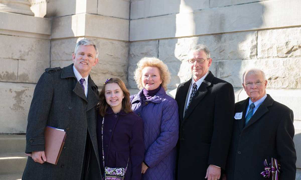 President Alger, daughter Eleanor, Mrs. Alger, Harrisonburg Mayor Ted Byrd and Chairman of the Rockingham County Board of Supervisors Fred Eberly.