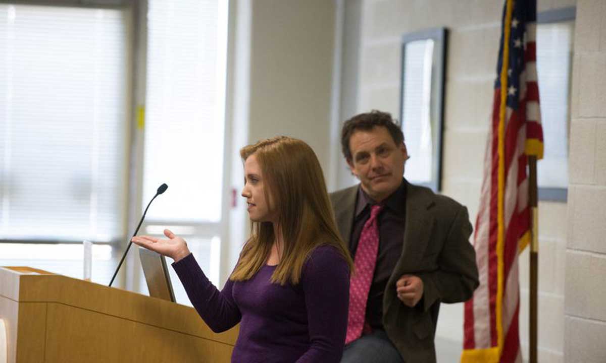 JMU senior Abby Ware, a member of the Quality Enhancement Plan Task Force, talks about the plan's value to students in their personal, professional and civic lives during an Inauguration Week panel presentation.