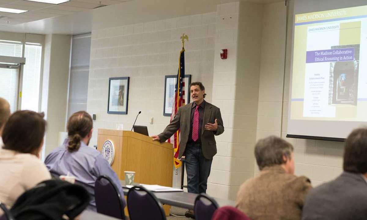 Dr. Fletcher Linder of JMU's Quality Enhancement Plan Task Force provides background on the QEP's genesis, development and planned implementation during an Inauguration Week panel presentation. 