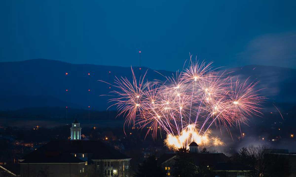 Fireworks over the Quad to celebrate the end of Madison Week, the inauguration of President Alger and James Madison's 262nd birthday. inaugural ball