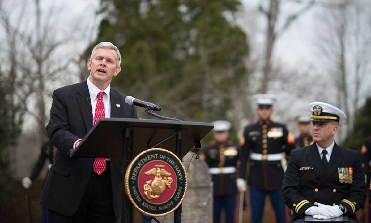 JMU president Jon Alger speaks at the 262nd anniversary of the birth of James Madison on Saturday at Montpelier. 