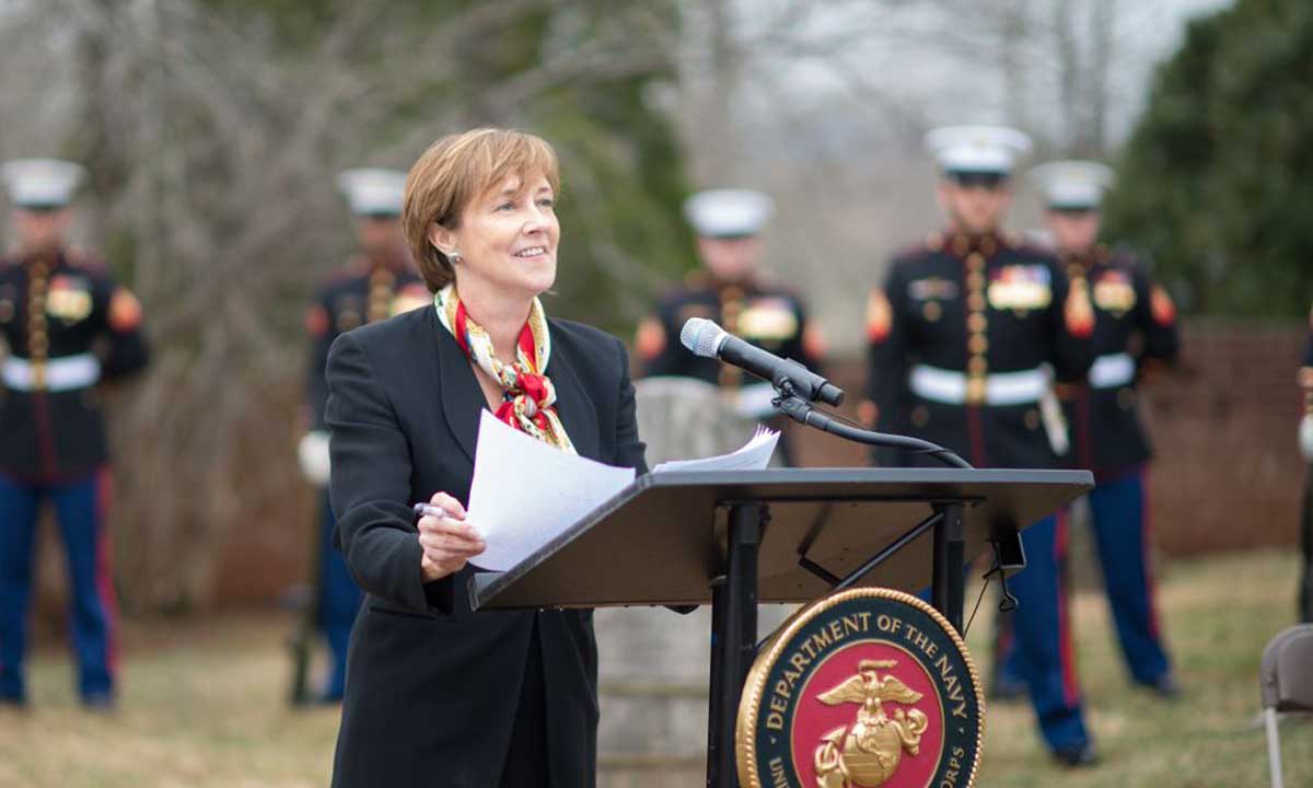 Kat Imhoff, president and chief executive officer of The Montpelier Foundation, welcomes guests to the Madison family estate in Orange County on Saturday for the 262nd anniversary of the birth of James Madison. 