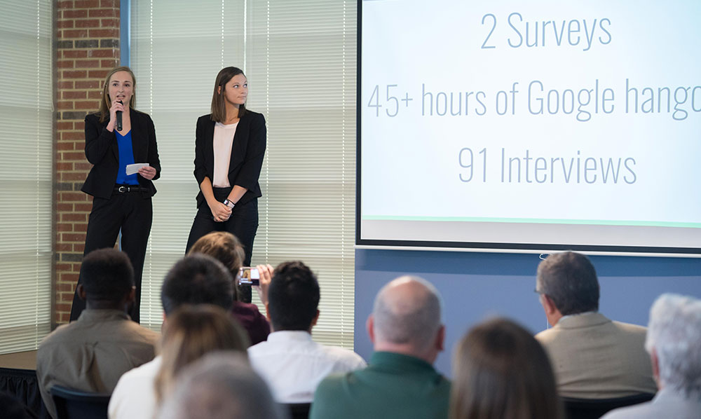 students discuss slide being shown on a screen. The slide shows statistics from their interviews and other tasks.