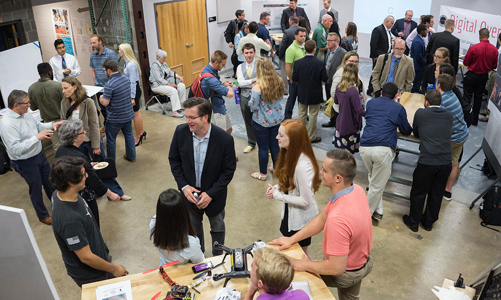 Overhead shot of crowd at reception.