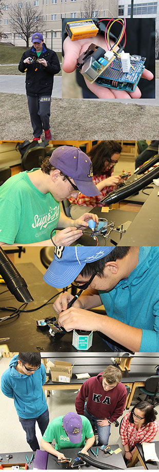 Series of photos in a column, three of them showing students soldering senors in a lab and the fourth showing one of the students walking with the sensor in his hand outside.
