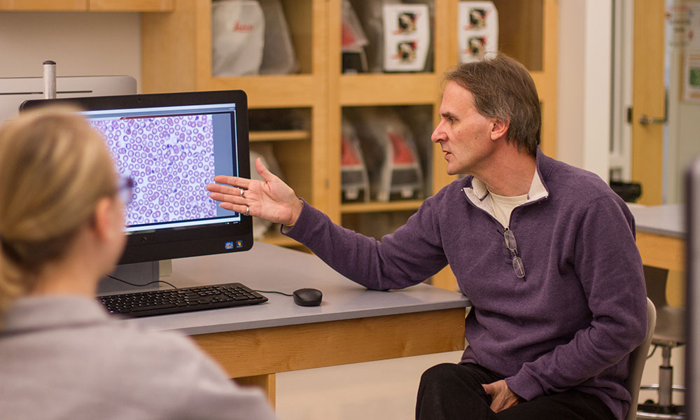 Dr. Lantz is seated and pointing toward a computer monitor showing an image of cells viewed through a microscope