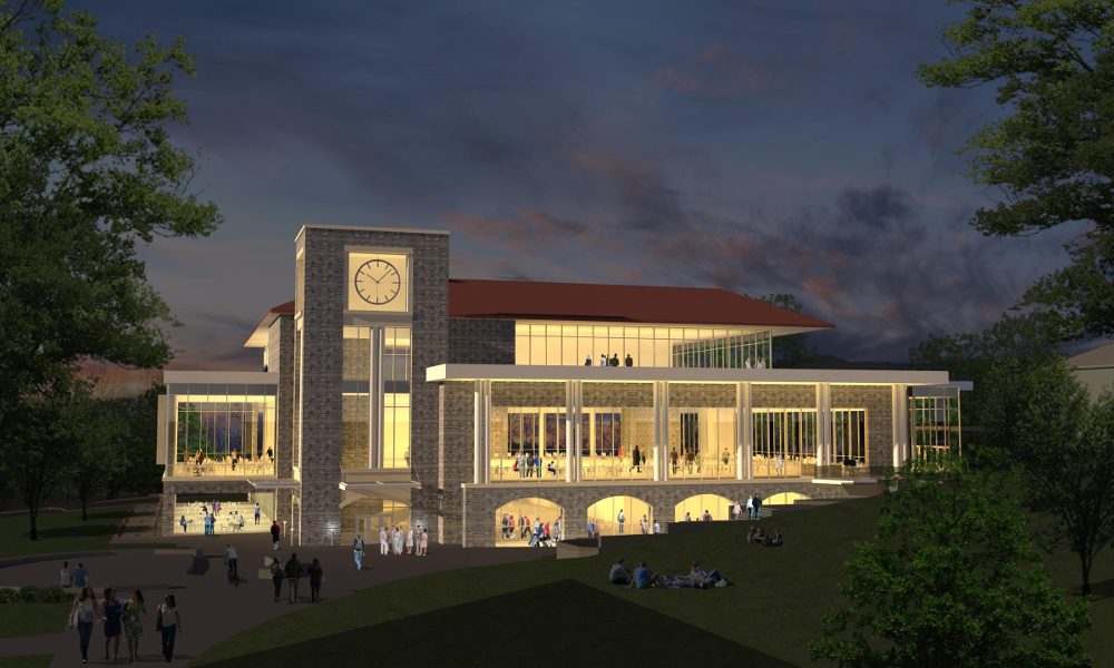 artist rendering of new dining hall at dusk.