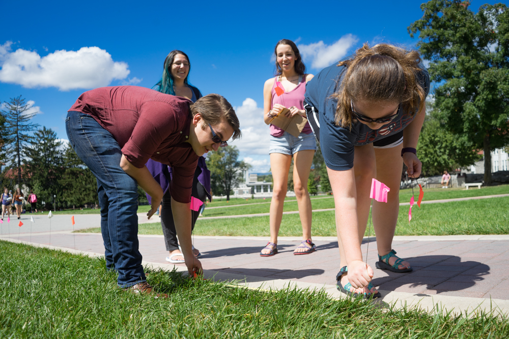 Students out on the quad marking spots on the ground with small flags