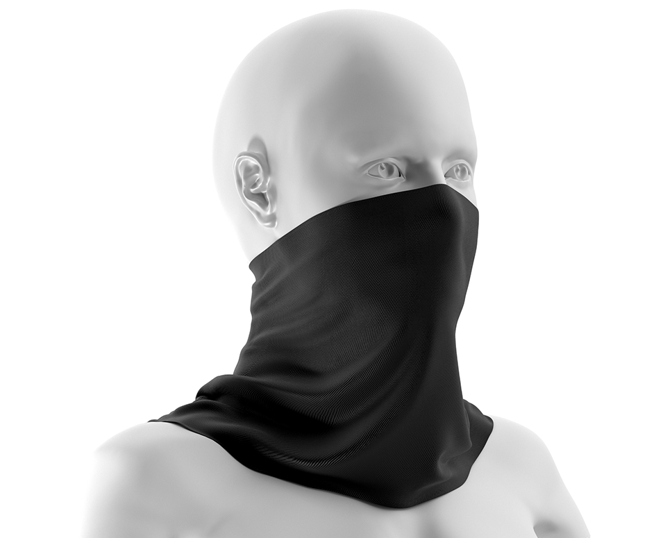 Profile of a white mannequin, head and shoulders, wearing a black gaiter around its neck and stretched over its mouth and nose.