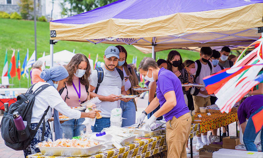 Students at a food buffet