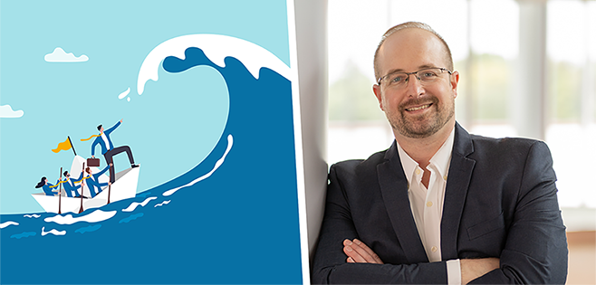 Photo of Adam Vanhove next to a graphic of a boat at sea heading into a large wave as the leader points the way. 
