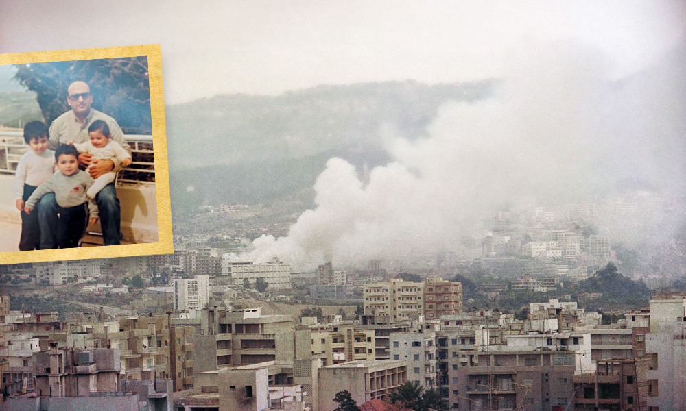 Inset: Hala Nelson's family. Associated Press photo of Beirut during Lebanese Civil War