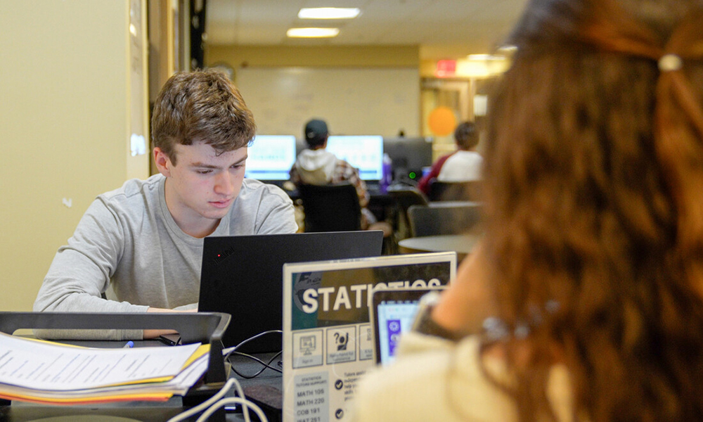 A student works on a math assignment in the Science and Math Learning Center.