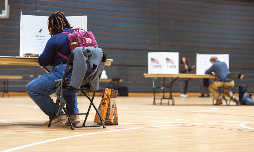 A person at a polling station casting their vote