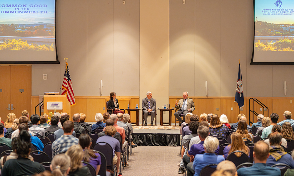 Sen. Tim Kaine on stage in JMU’s Festival Ballroom in September 2023