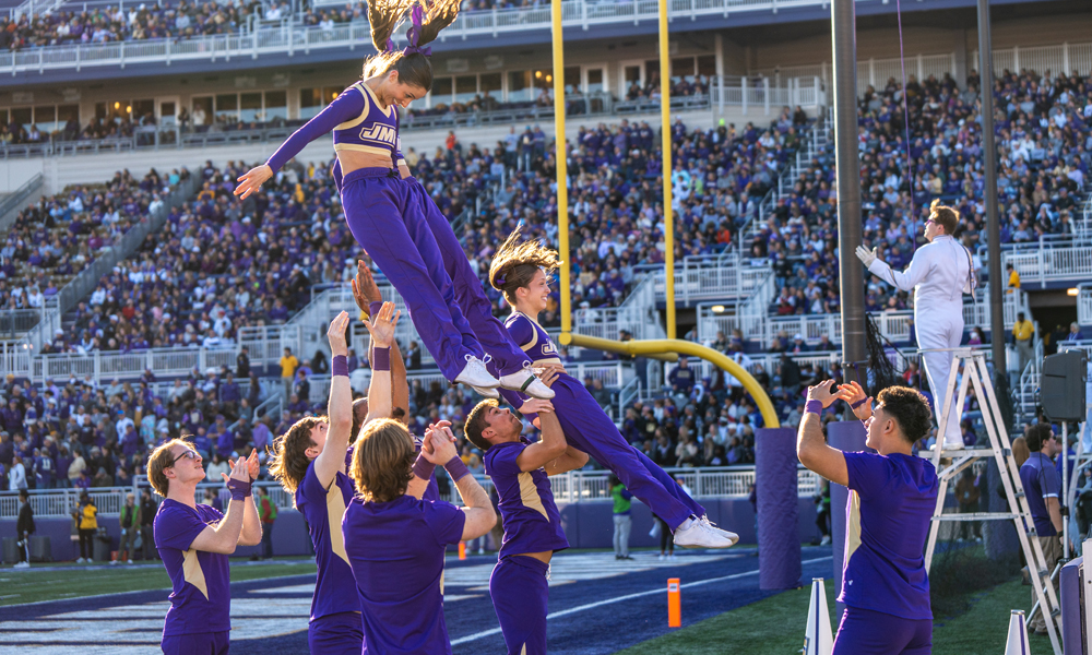 Jonah Posada is a base cheerleader for JMU