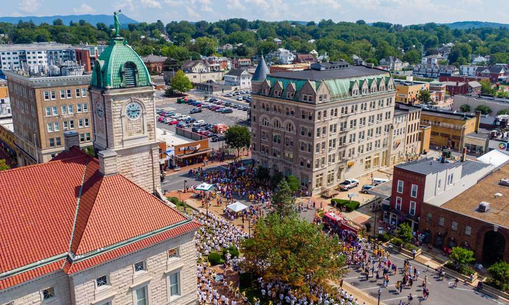 Aerial view of downtown Harrisonburg, Virginia