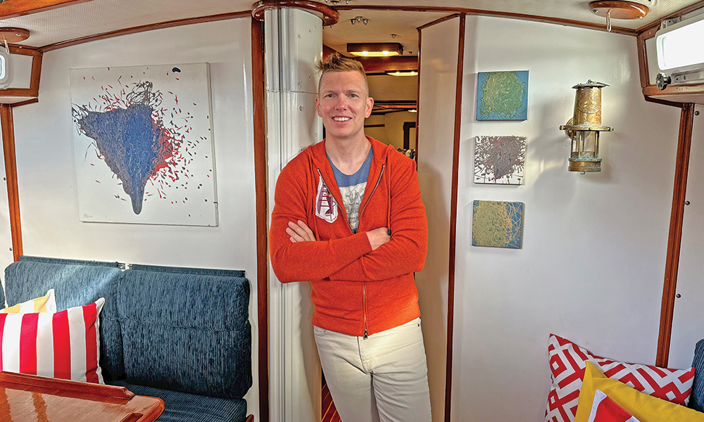Below deck, Bartick displays his Moment of Sailing series on the bulkheads. His artistic method translates the motion, energy and geolocation of his sailing vessel into paintings. “While on the boat, I lay the canvas flat and put different color paints into a dripping pendulum,” he explained. The art on the left is titled North of the Verrazano Bridge, 40.36413° N, 74.02846° W, May 18, 2014.