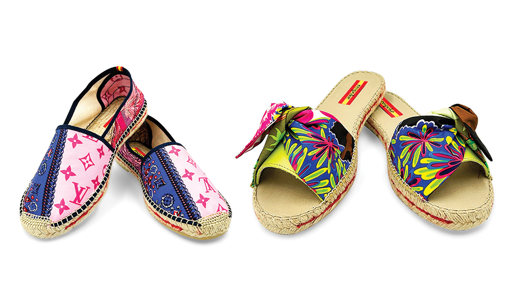 Respoke Classic Espadrilles made with Louis Vuitton and Hermès scarves and Bow Slide Espadrilles made from Hermès scarves