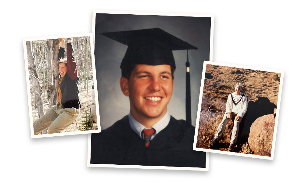 A collage of Justin Constantine as a smiling graduate in a cap and gown, hanging from a tree, and an individual sitting on a rock in a scenic outdoor setting.