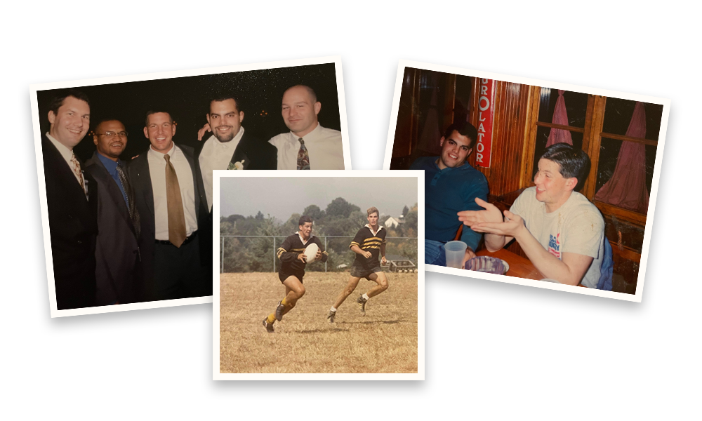 A collage featuring a group of men in formal attire, a vintage photo of two athletes running in a field, and a candid shot of a man enjoying a drink in a cozy setting.