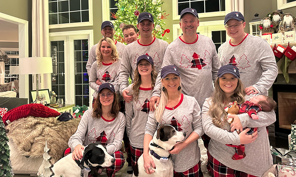 Mauck family photo in matching pajamas 