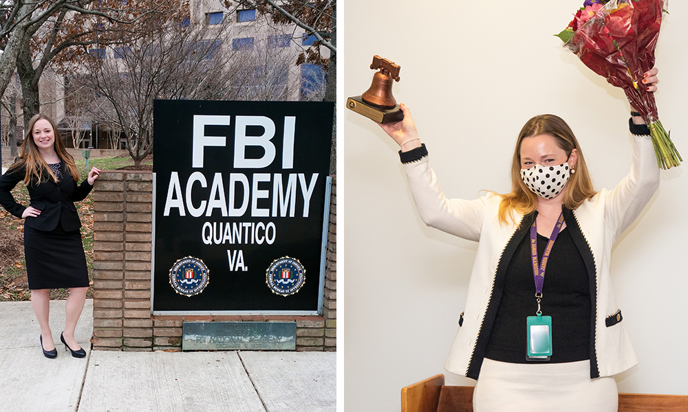 (left to right) Sierra Karcher standing next to FBI Academy sign, and Sierra celebrating her graduation from the FBI academy wearing her purple JMU lanyard.