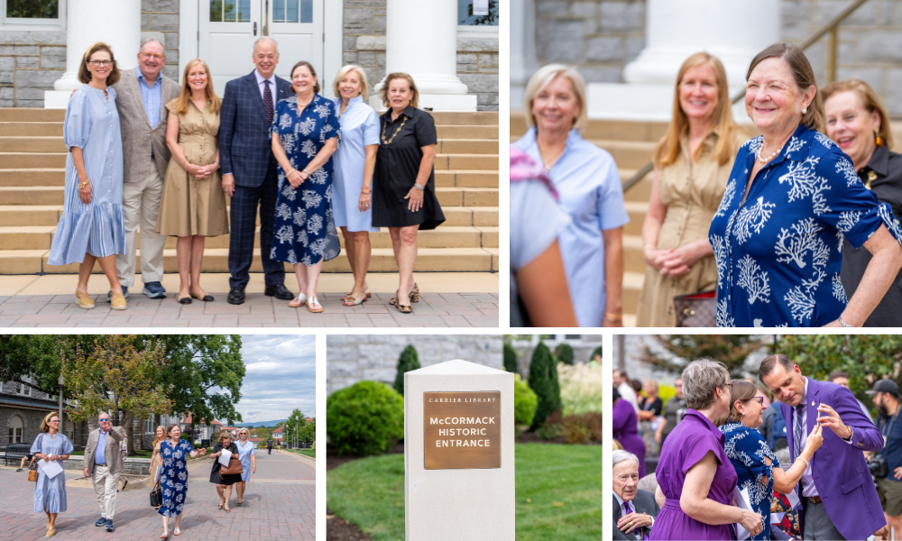 Photo collage of people posing and socializing outside of Carrier's columns, including a group portrait on the front steps and attendees chatting near a sign for the McCormack Historic Entr­­