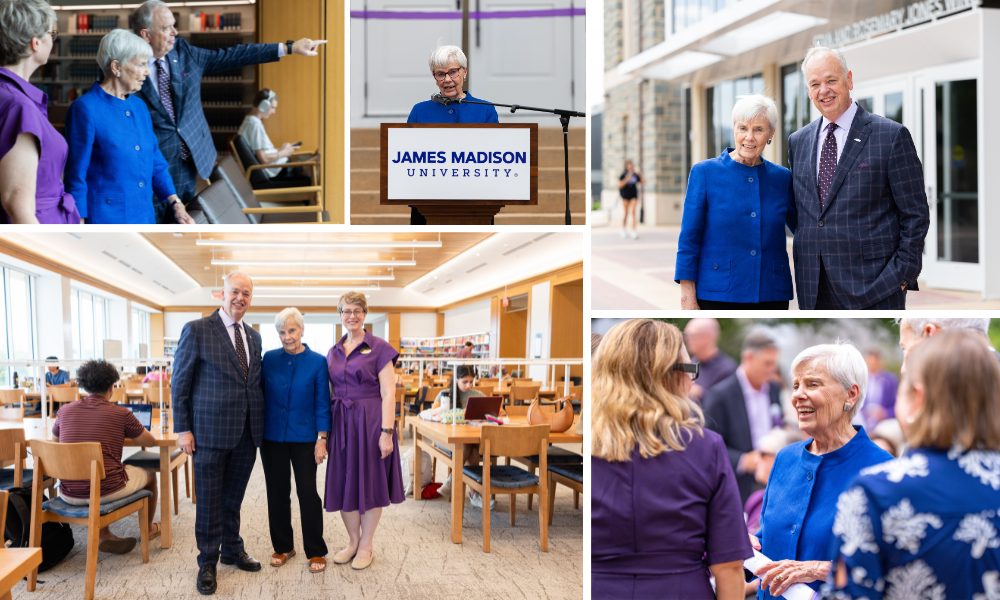 Photo collage of an older couple at James Madison University, including a woman speaking at a podium, walking through a library, posing inside and outside a campus building, and chatting at a small, a