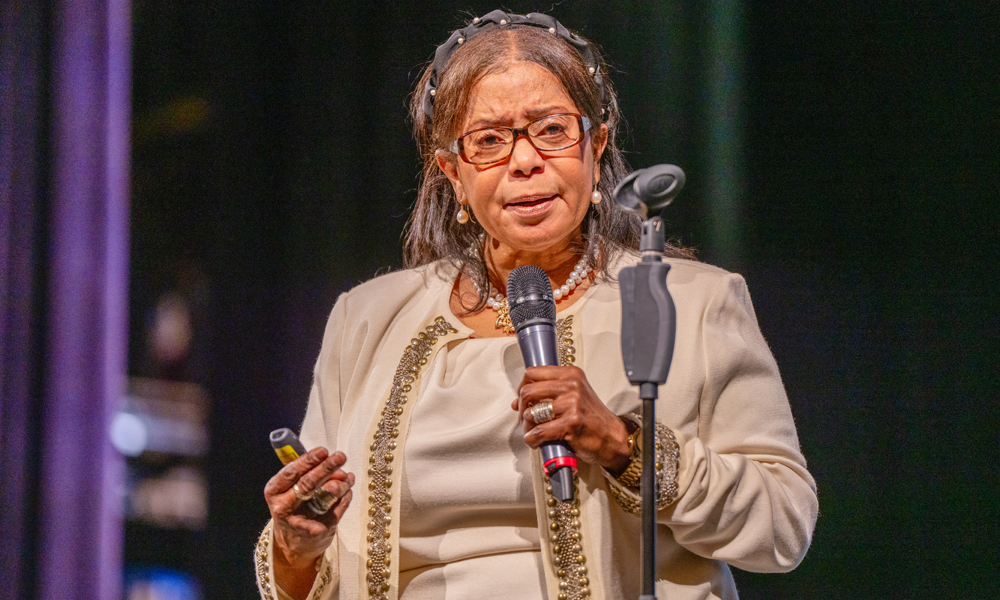 Members of the Madison community listen to Donzaleigh Abernathy