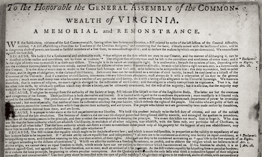 Image of a Virginia pamphlet in the Library of Congress, written and published anonymously by James Madison in 1785, outlines 15 reasons (counts) why the government should not regulate or fund religious matters.