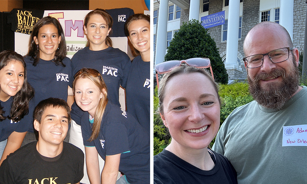 (Left to right) Karcher as a JMU student at Student Org Night with fellow members of Madison PAC, the club she founded. She and her husband, Adam Karcher, attend JMU transfer student Summer Orientation 