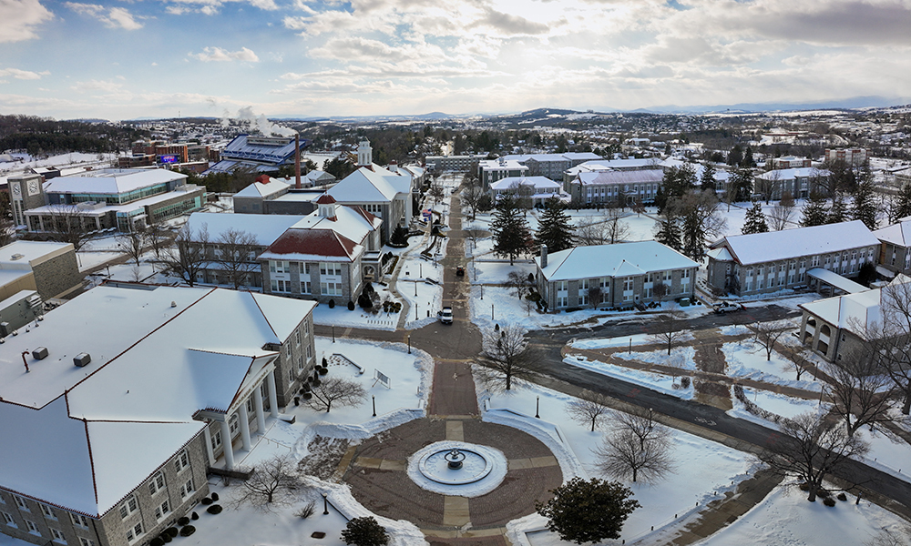 Drone photograph of Wilson Hall after the January 2026 winter storm