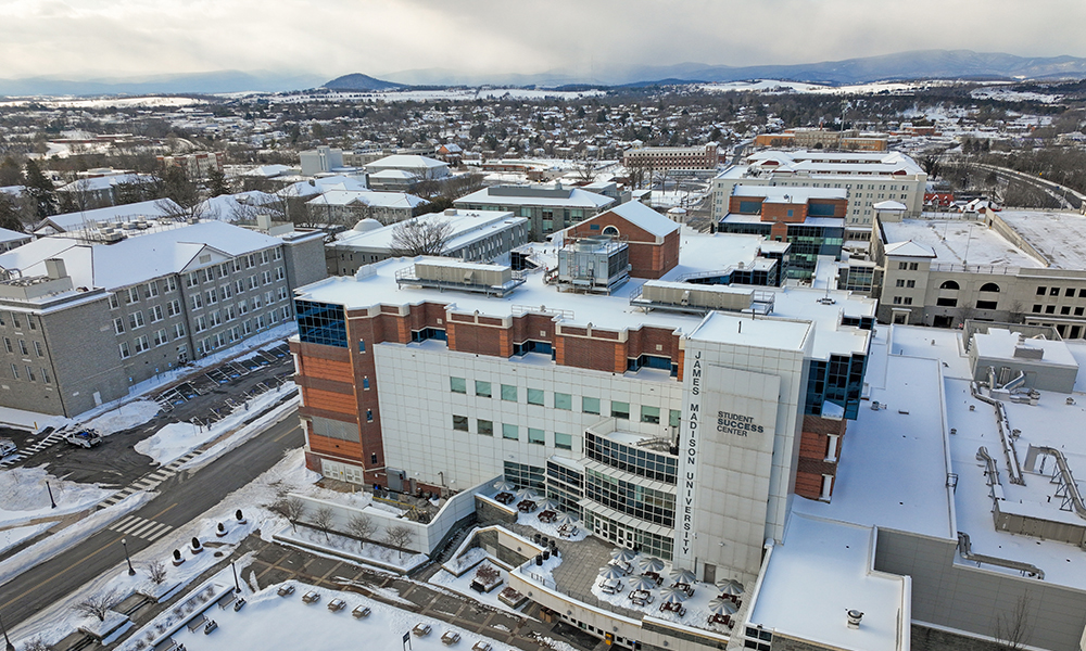 Drone photograph of the Student Success Center after the January 2026 winter storm