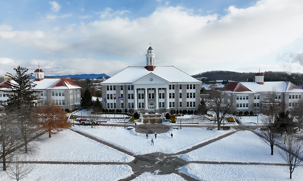 Drone photograph of Wilson Hall after the January 2026 winter storm