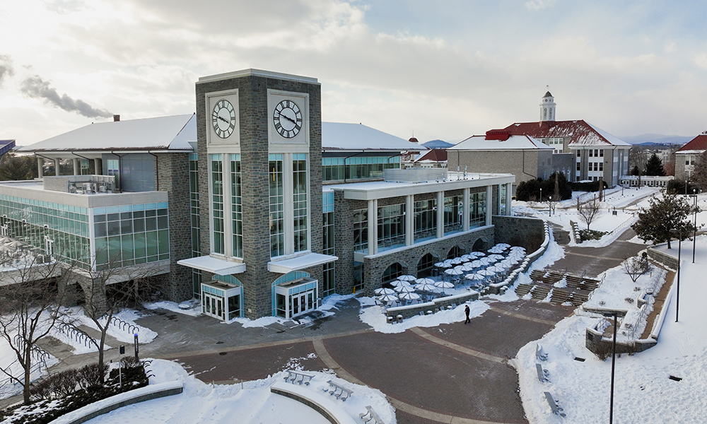 Drone photograph of D-Hall after the January 2026 winter storm