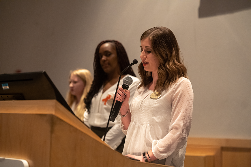 ODS Peer Access Advocates Cassie Donahue,  Ashley Harris, and Sydney Sharp introducing the Keynote Speaker during Disability Awareness Week 2019