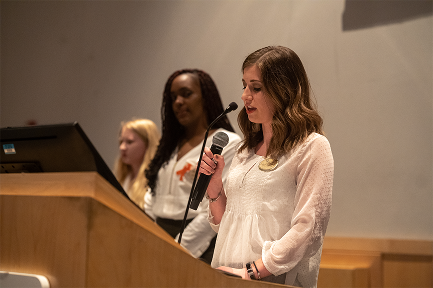 ODS Peer Access Advocates Cassie Donahue, Ashley Harris, and Sydney Sharp introducing the Keynote Speaker during Disability Awareness Week 2019