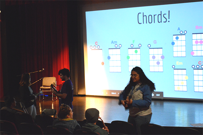 3 people stand with ukuleles before an audience and in front of a projected image of chords