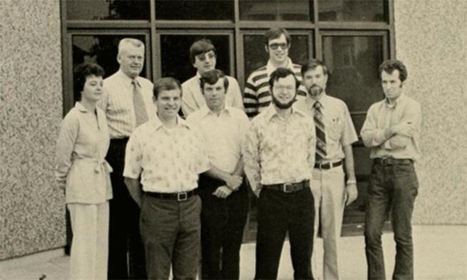 Yearbook photo of Professor William Voige and other faculty