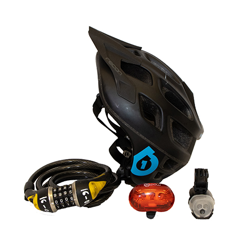 bike helmet, rear and front attachable lights and a lock