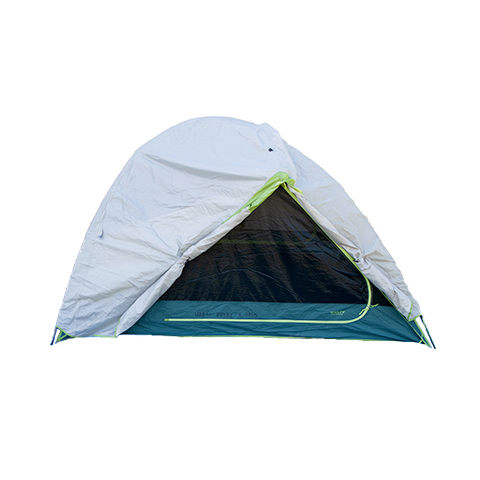 green, black, and grey tent with rain fly