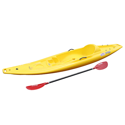 yellow one person kayak with a paddle