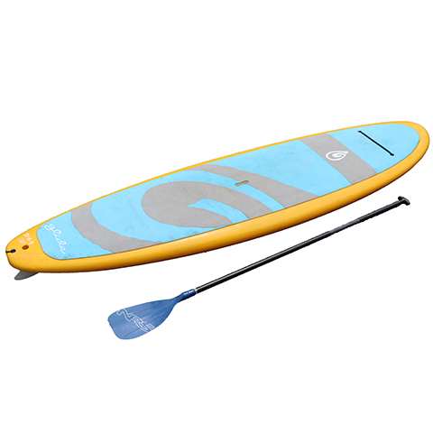 yellow and blue paddleboard with a paddle