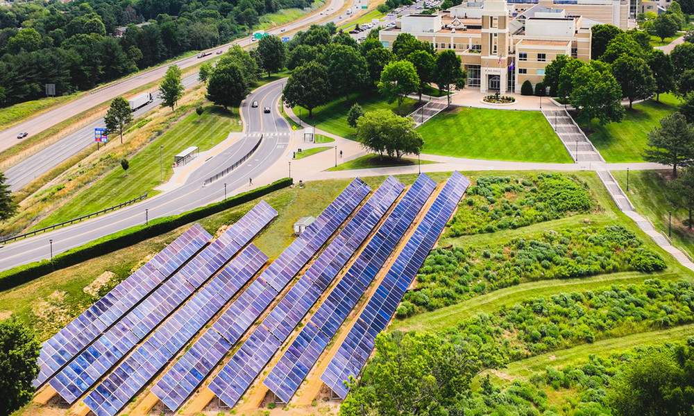 Aerial view green space on university campus