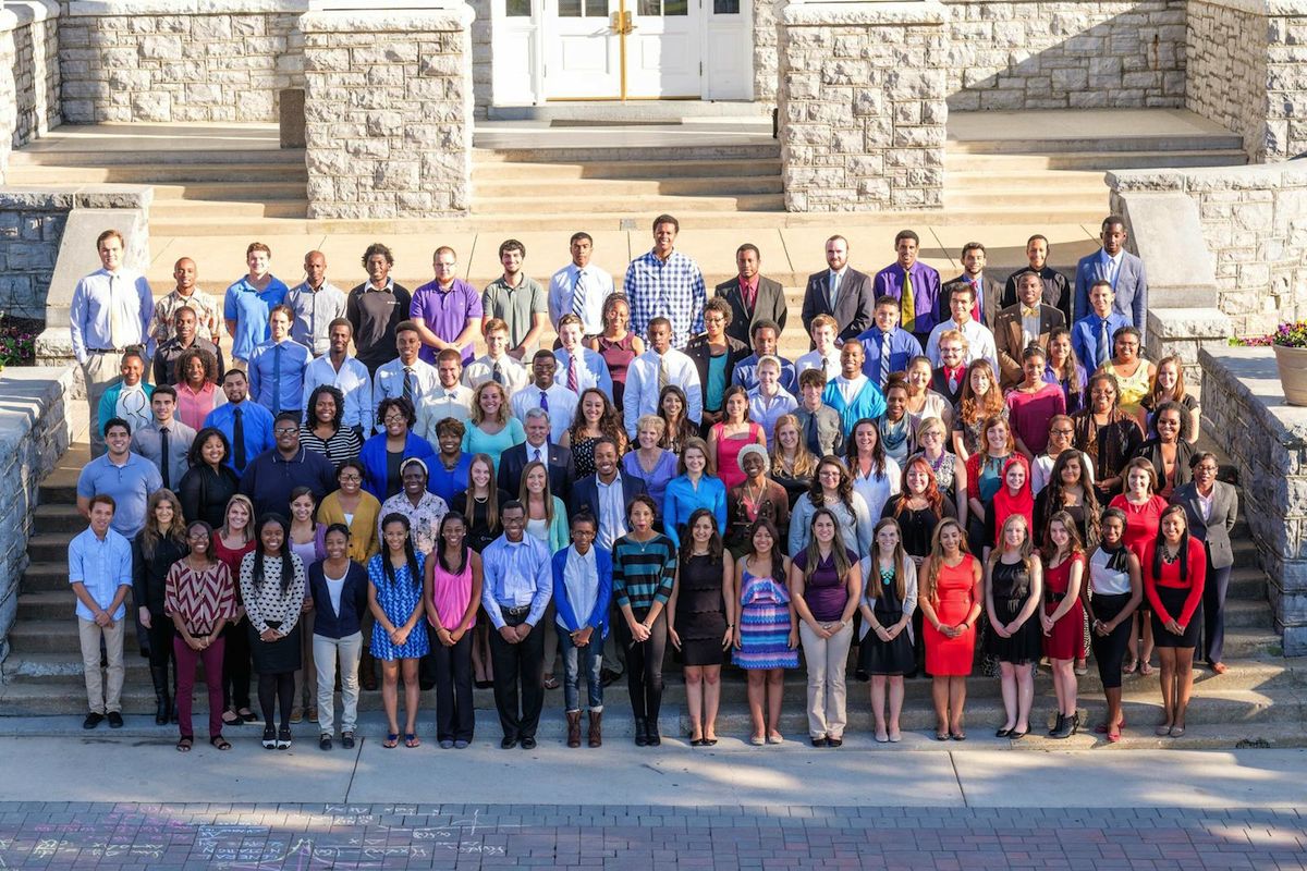 Group photo of JMU Centennial Scholar students on steps of Wilson Hall