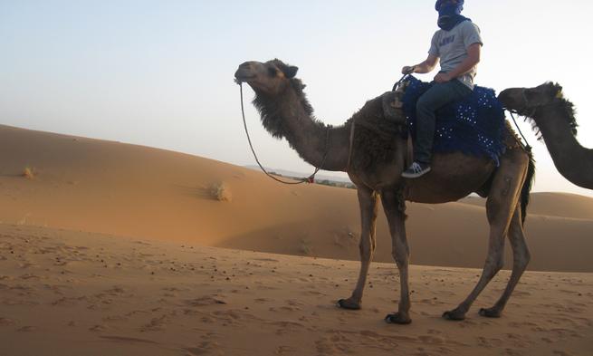 JMU student John Wilder at the edge of the Sahara Desert riding camel