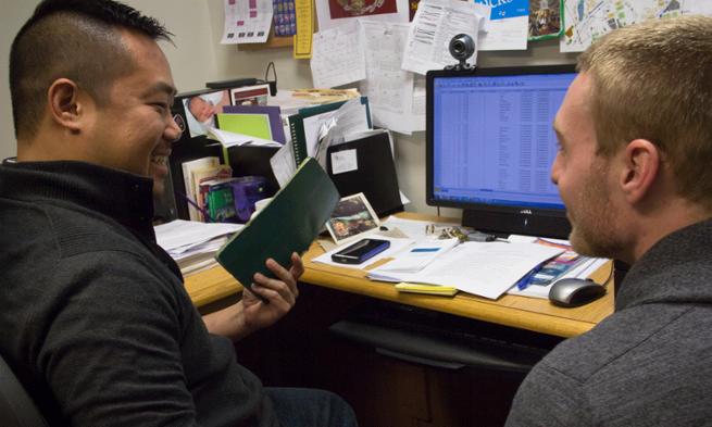 Photo of professor Matt Lee and JMU student Ethan Bannar in CARDS lab