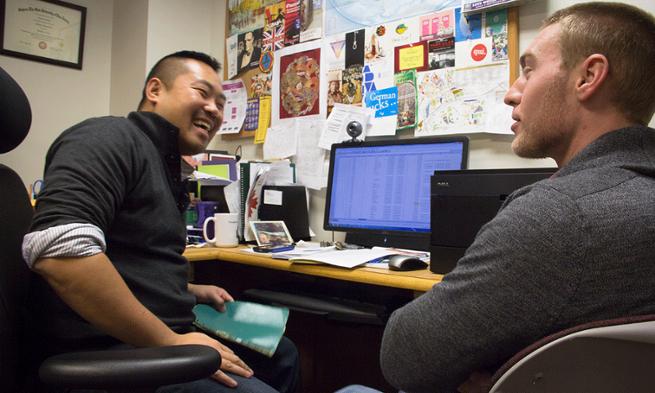 Photo of professor Matt Lee and JMU student Ethan Bannar in CARDS lab